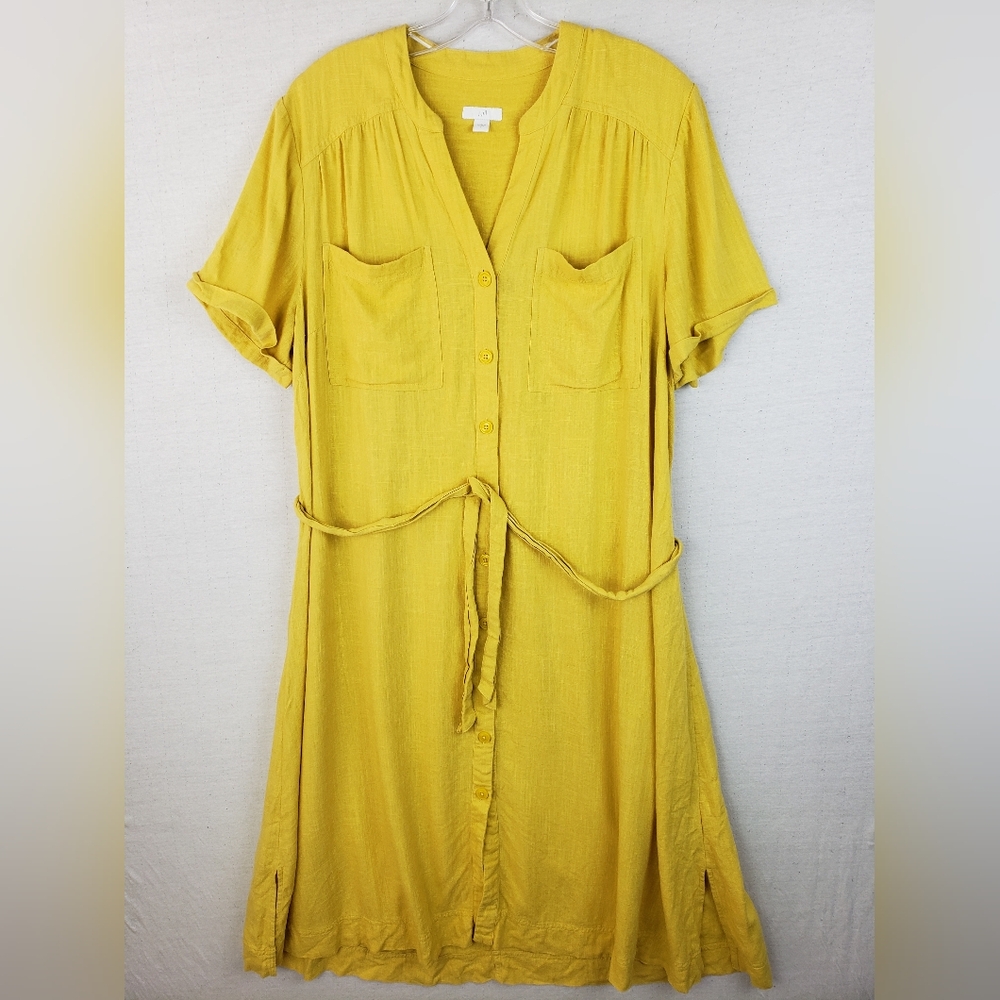 J Jill Midi Shirt-Dress Viscose Linen Yellow Button Front Minimalist Casual sz L